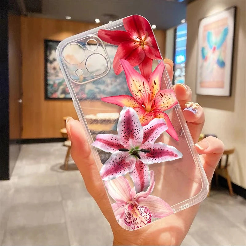 Flower Realistic Lily Print Clear Soft TPU Phone Case For iPhone 17 Cases iPhone 14 12 11 15 16 Pro Max XS XR 16E 7 8 Plus Cover